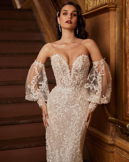 122102 strapless sheath wedding dress with lace and removable sleeves1